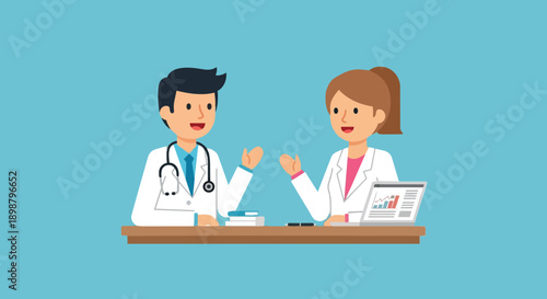 Flat design male doctor and female nurse discussing health data charts at office desk with laptop and medical books in bright environment