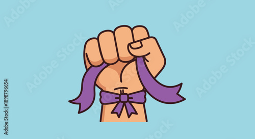 Flat design close up of clenched fist holding purple ribbon with tied bow against blue background