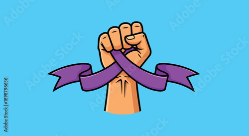 Vector art of a clenched fist holding a purple awareness ribbon with blue background and bold flat design style
