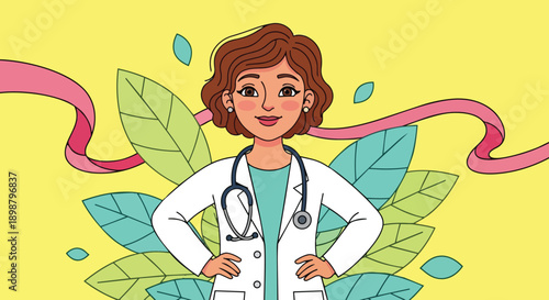 Confident female doctor with stethoscope standing with hands on hips in front of colorful leaves and flowing pink ribbon