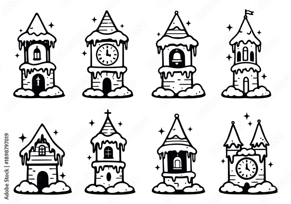 Naklejka premium Hand drawn line art fairytale towers set featuring snow, clocks, and bells for Christmas and winter themes