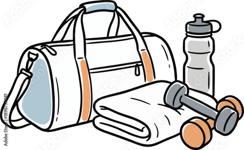 gym and fitness equipment illustration with sports bag towel water bottle and dumbbells representing workout preparation healthy routine and active lifestyle