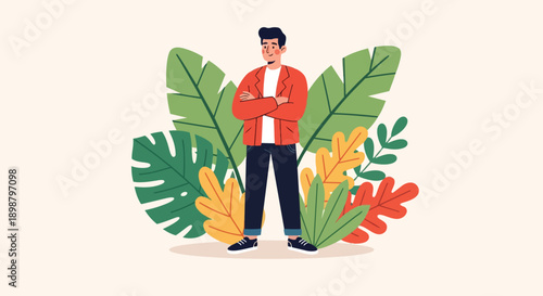 Flat design confident man standing with crossed arms in front of colorful tropical leaves background vibrant illustration