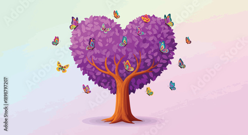 Colorful vector art of heart shaped purple tree with bright butterflies flying around on soft pastel background illustration