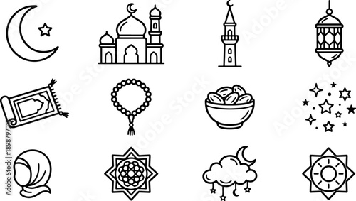 hand drawn islamic doodle icon set with crescent moon mosque minaret lantern prayer rug tasbih dates stars clouds and geometric symbols in black and white line illustration style