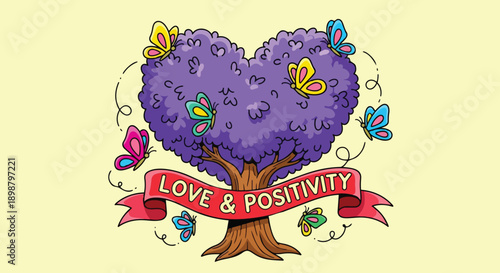 Colorful illustration of heart shaped purple tree surrounded by butterflies with red love and positivity ribbon banner on yellow background