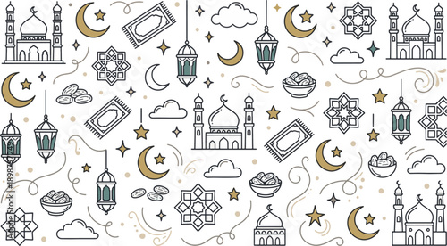 islamic doodle pattern with mosque crescent moon lantern prayer rug tasbih dates stars and geometric ornaments in clean black white and gold decorative style