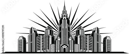 City skyline silhouette illustration, urban architectural design concept, black and white artwork, metropolitan growth, skyscrapers, and modern development