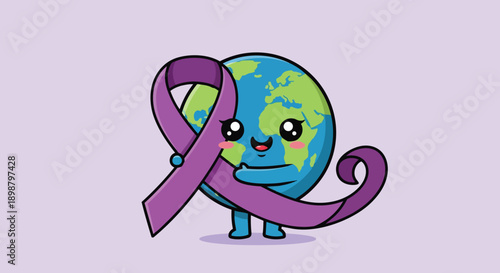 Cute kawaii earth character hugging purple awareness ribbon with smiling face and blushing cheeks on purple background illustration