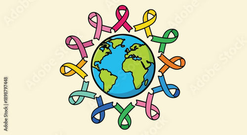 Colorful ribbons circle around earth globe flat design awareness and support concept for multiple causes in bright vector art style