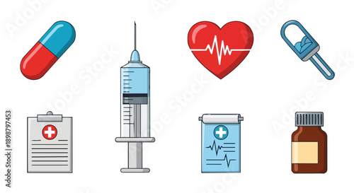 Colorful medical vector icons set showing pill capsule syringe heart monitor bottle and clipboard with health records in flat design style