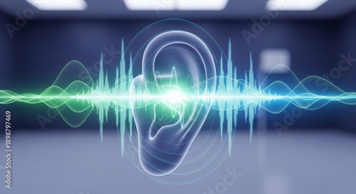 Abstract Concept Illustration of Human Ear Hearing Sound Waves and Audio Frequency
