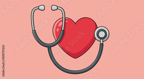Colorful vector art of red heart with black stethoscope wrapped around isolated on pink background for healthcare concept