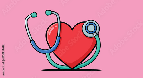 Colorful vector art of red heart wrapped by stethoscope on pink background medical healthcare concept illustration