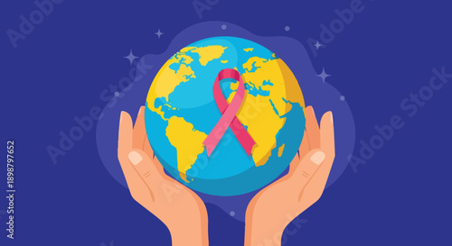 Colorful flat design hands holding earth globe with pink ribbon symbol for global breast cancer awareness campaign