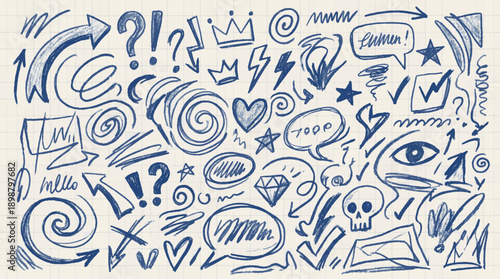 hand drawn doodle background with expressive symbols arrows eyes speech bubbles question marks and abstract shapes representing ideas thoughts creativity and chaos