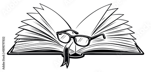 Line art illustration of an open book and reading glasses depicting study and knowledge for education concepts