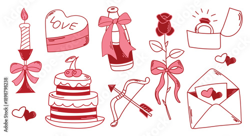 St. Valentine Day set collection elements cake candle champagne wedding ring love letter candy box rose bow and arrows