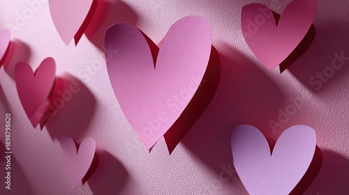 Hearts made of paper on a pink wall celebrate love on a day dedicated to affection