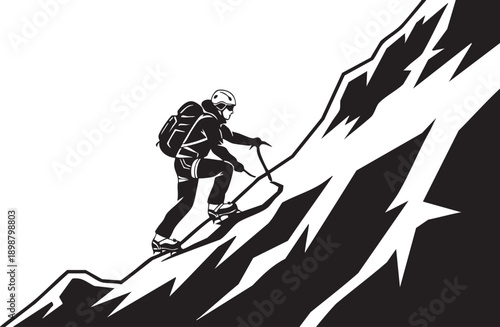 Mountain Climber Silhouetted Ascending Steep Snowy Peak with Ice Axe