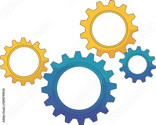 Colorful gear wheels illustration representing teamwork, engineering process, mechanical system, industry concept, vector icon isolated on white background
