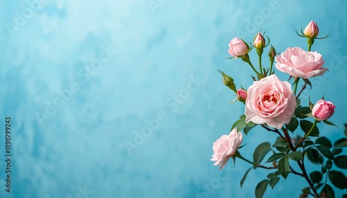 A bouquet of pink roses against a soft blue background with ample copy space