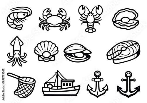 Minimalist line art seafood and fishing icons set featuring shrimp, crab, lobster, fish, and anchors for food and marine industry design