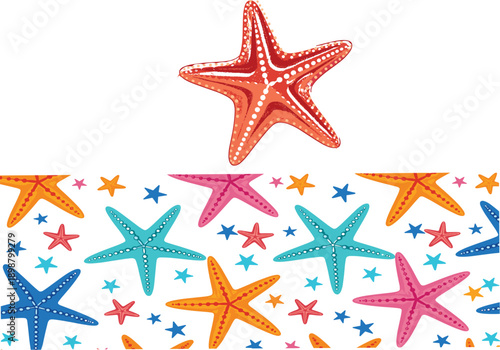 Colorful starfish pattern and single red sea star vector illustration for summer beach themes and marine life background.