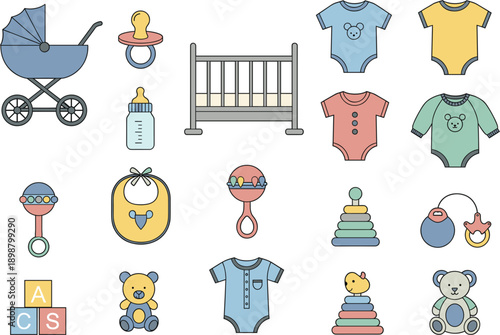 Cute baby care collection with blue strollers cribs bodysuits bibs rattles feeding bottles and teddy bears for newborn nursery design.