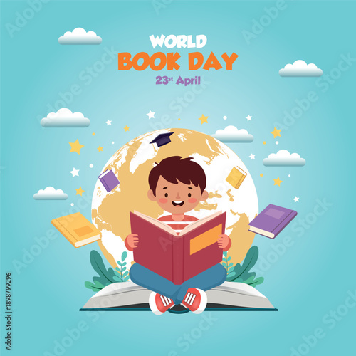 World Book Day Poster with Child Reading Book and Globe Background