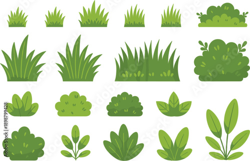 Green minimalist bushes and grass plants collection with various flat shrubs and garden greenery elements for outdoor landscape design.