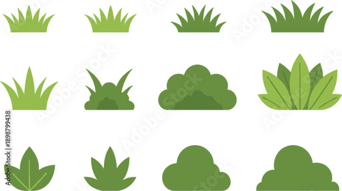 Green minimalist bushes and grass plants collection with various flat shrubs and garden greenery elements for outdoor landscape design.