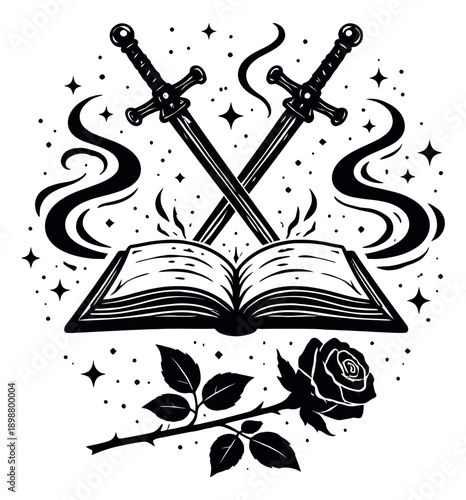 Mystical line art illustration of crossed swords, an open book, and a blooming rose depicting an arcane emblem for fantasy literature