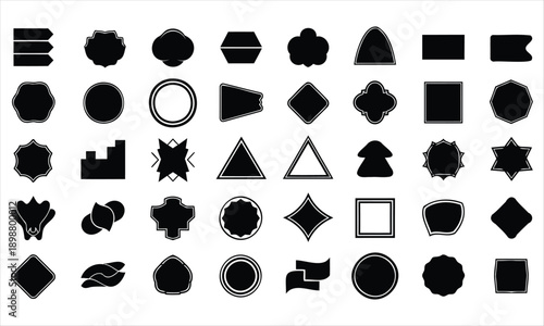Collection of 35 various black geometric and organic shapes on white background