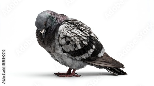 A pigeon preening its feathers on white background