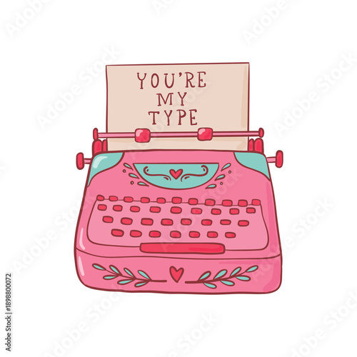 Retro typewriter machine doodle, Valentine's day clipart, sticker, print, banner, card, sign, etc. EPS 10