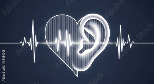 Minimalist Line Art of Ear inside Heart with Glowing ECG Pulse Wave on Dark Background