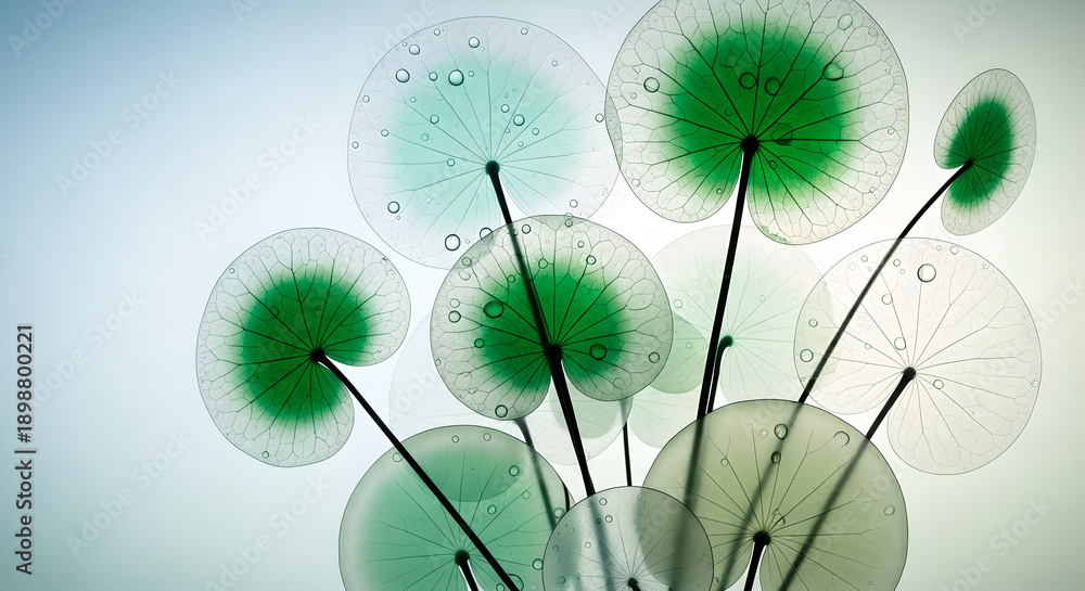 Obraz premium Transparent Green Leaves With Water Droplets Nature Background