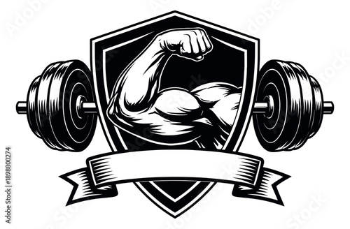 Graphic line art illustration of a muscular arm emblem depicting strength and fitness for gym branding and sports design