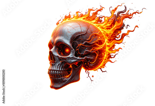 Flaming skull fire fantasy illustration isolated on white background