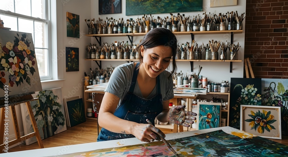 Fototapeta premium A woman in an art studio creating a beautiful painting with vibrant colors and various brushes.