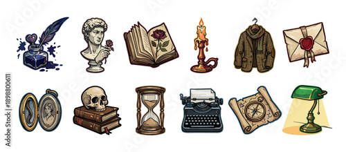 Set of illustrated vintage dark academia objects featuring a skull on books, a typewriter, an hourglass, a quill, and a classical bust creating a scholarly and mysterious mood