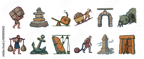 Collection of hand-drawn vector style icons showing concepts of heaviness, burden, labor, and simple machines from ancient times, including a prisoner, anchor, and lighthouse