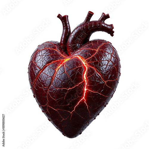 Anatomical heart cracked lava energy illustration isolated on white background