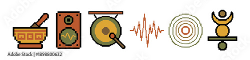 Set of pixel art icons representing sound, music, and spirituality, including a singing bowl, speaker, gong, and waveform in a retro 8-bit video game style illustration