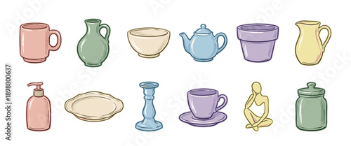 Large collection of hand-drawn household items including a mug, teapot, and jar, illustrated in a charming doodle style with a soft pastel color palette