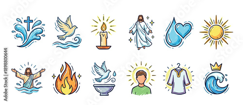 Colorful Christian baptism icon set with religious symbols like Jesus, a cross, a dove, a candle, and water, all rendered in a charming hand-drawn doodle illustration style