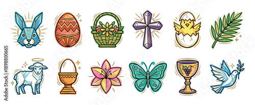 Collection of colorful hand-drawn Easter icons featuring religious and spring symbols like a cross, lamb, dove, bunny, egg, and chick in a vibrant sketch illustration style