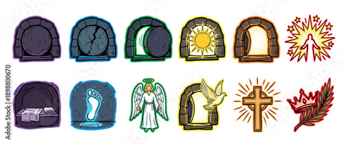 Set of religious Easter story icons showing the resurrection, including the empty tomb, angel, cross, dove, ascension, and crown in a colorful hand-drawn cartoon illustration style