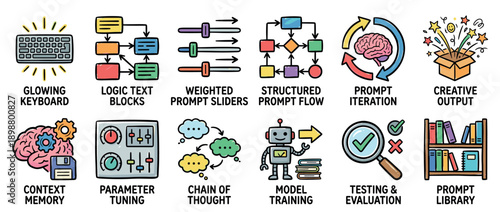 Collection of colorful hand-drawn icons illustrating concepts of AI prompt engineering, including model training, parameter tuning, and creative output in a doodle infographic style